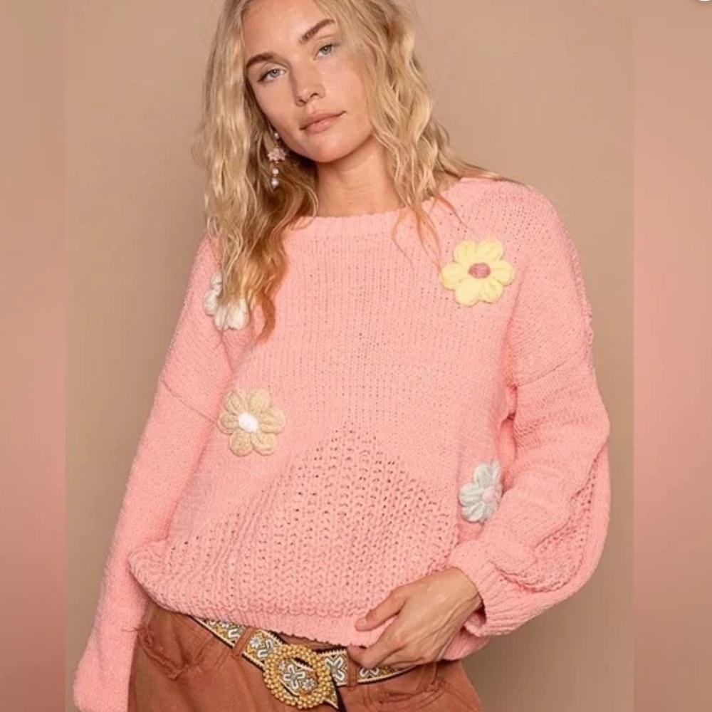 POL Pink Sweater with Floral Accents